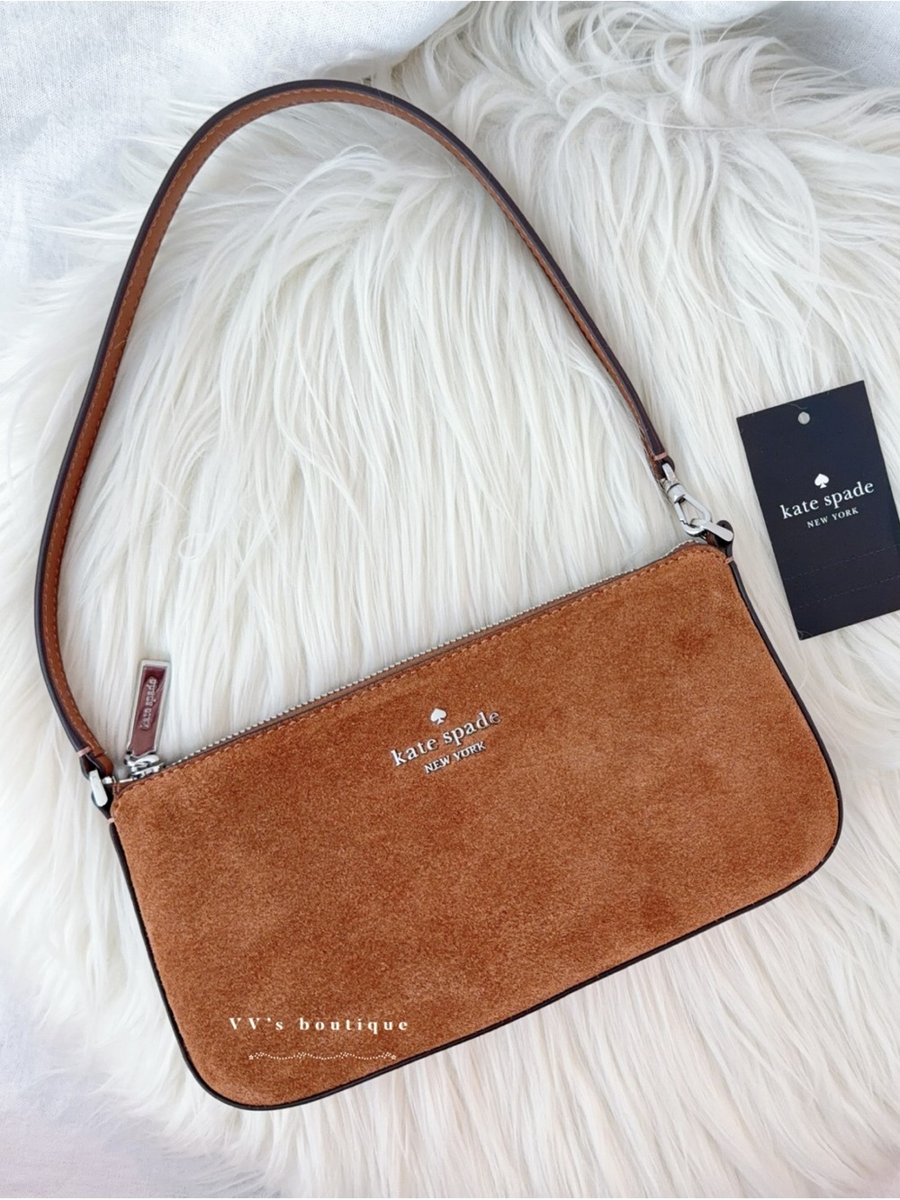 NWT Kate Spade Gemini Suede Pochette Shoulder Bag Wristlet Brown KP533